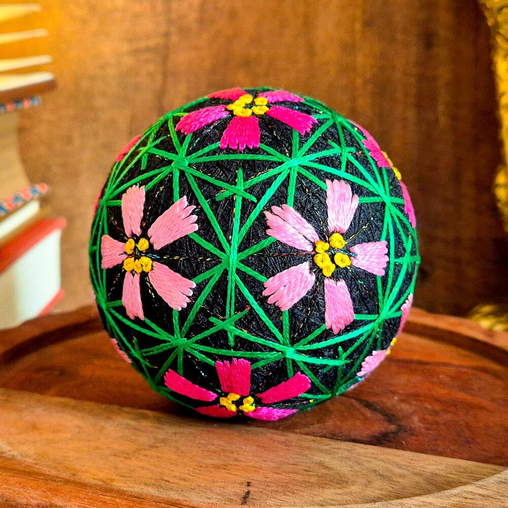 Vintage Japanese Temari Ball Handmade Embroidered Floral Folk Art Decor